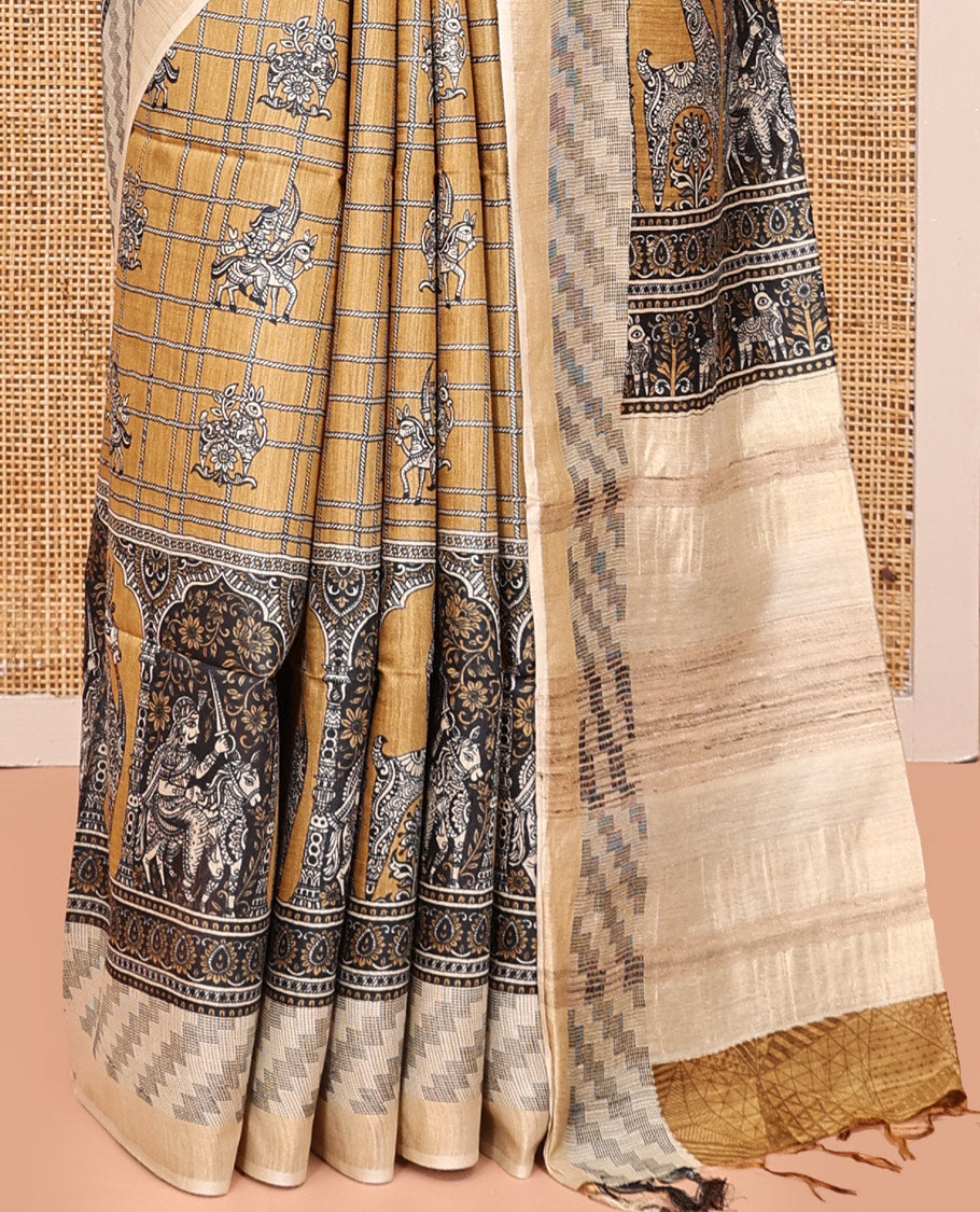 Sandal Tussar Silk Saree, Crafted with Human Motif and Checks, Contrast Geometric and Human Motif Border, Heathered Pallu, and Matching Blouse