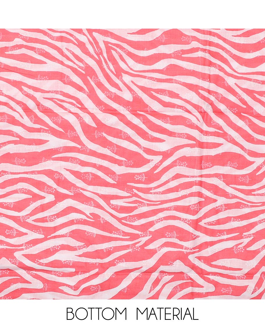 Pink cotton material churidar set, floral printed with neck embroidered top, tiger skin style printed bottom, and dupatta of floral and animal print