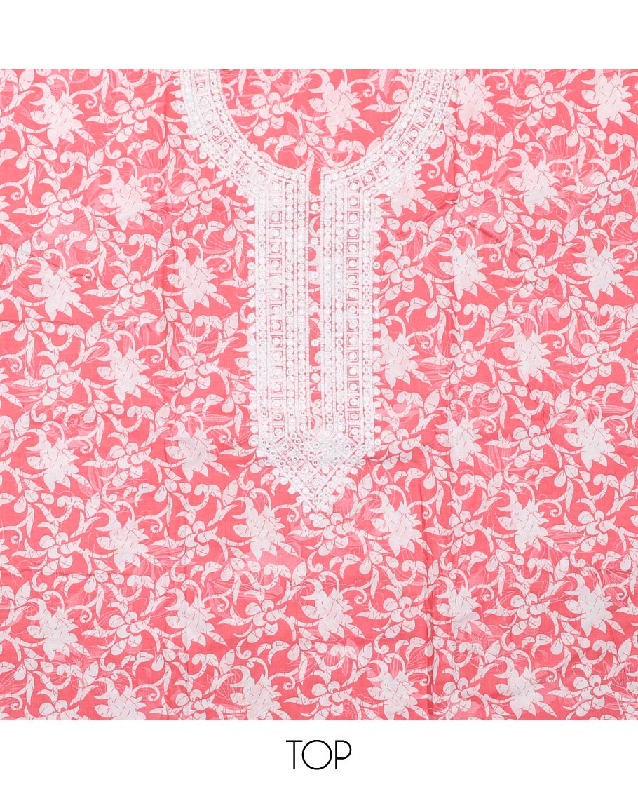 Pink cotton material churidar set, floral printed with neck embroidered top, tiger skin style printed bottom, and dupatta of floral and animal print