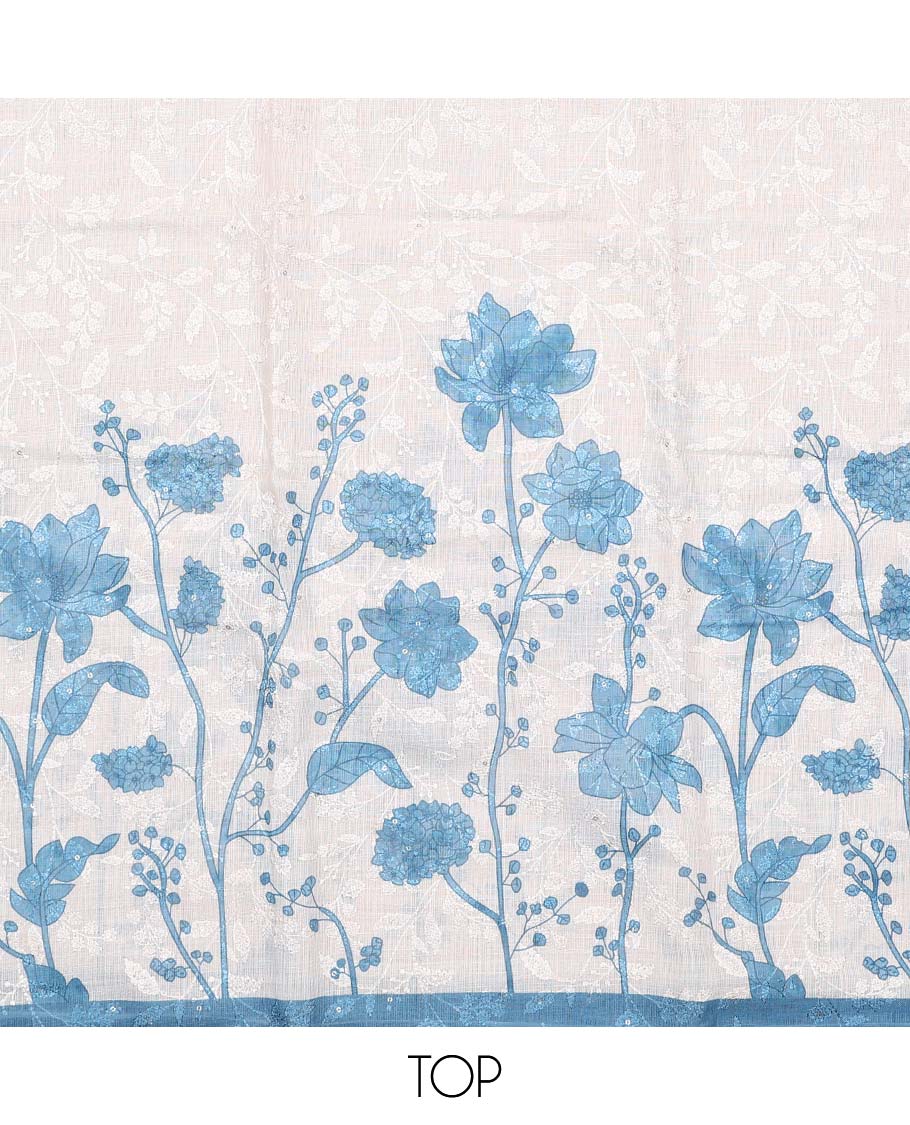 Cream-blue material chudidar set, floral print and thread woven top, contrast plain bottom, and floral printed dupatta