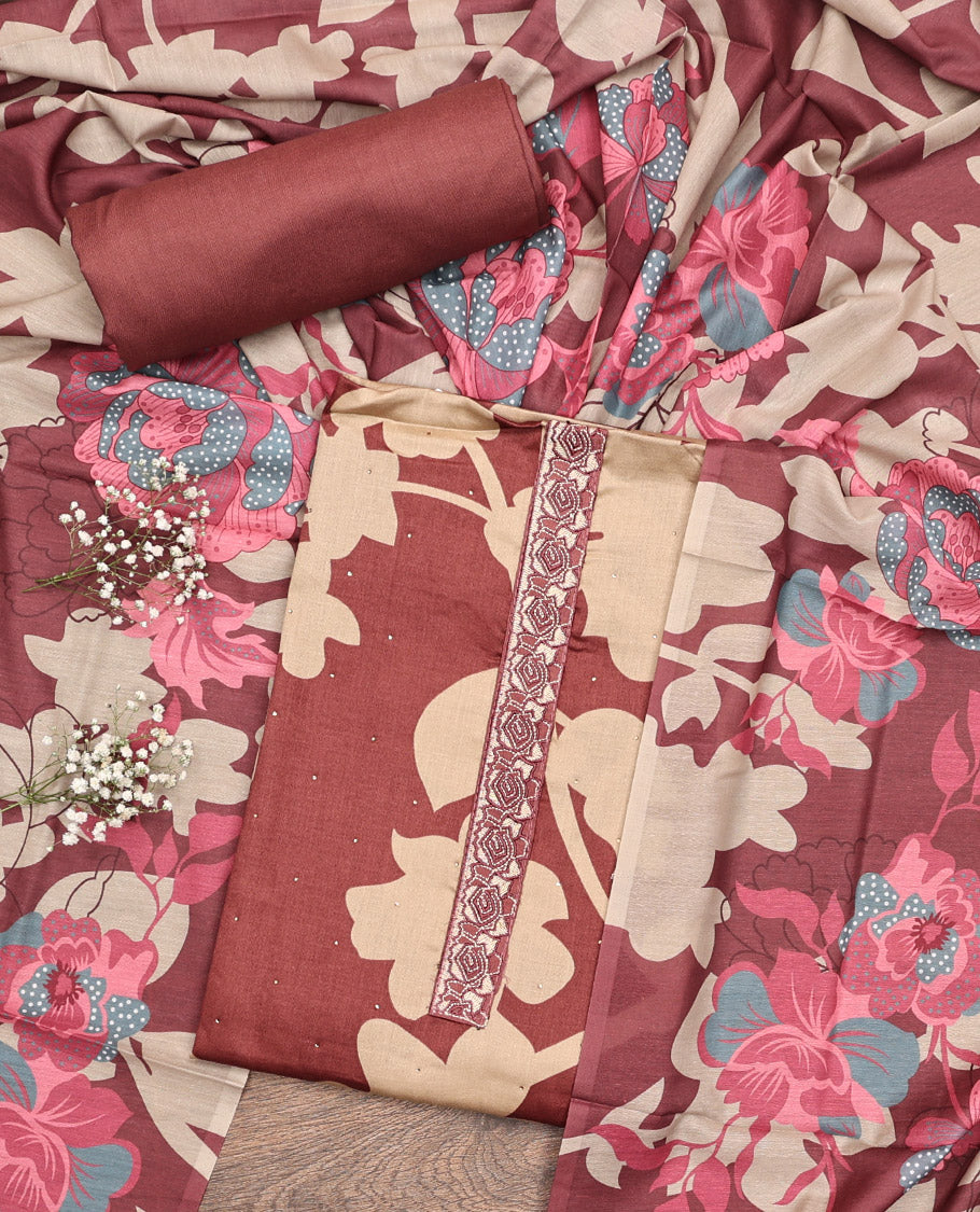 Brown and Sandal Material Chudidar Set, Elevated with Silhouette-Style Floral Print, and Stone Work on Its Rayon Top, a Plain Rayon Bottom, and Paired with a Floral Printed Rayon Dupatta