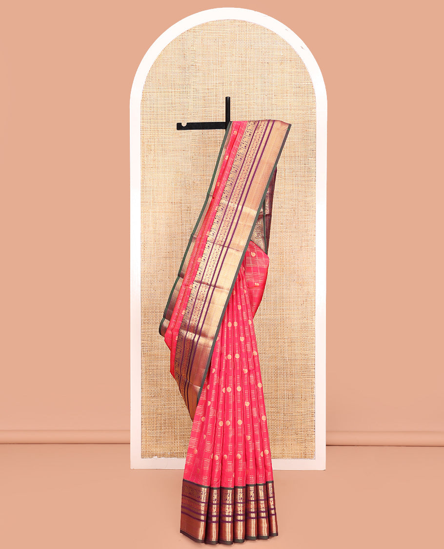 Pink Vasundhara Lite Silk Mix Saree, Opulently Embellished with Zari Butta Enclosed Checks On Its Body, Complemented by Contrast Border of Neli, Kuthirai, Yaanai, Kamalam, Mayil and Kuyil Kann Designs, Grand Pallu and Paired with a Contrast Blouse