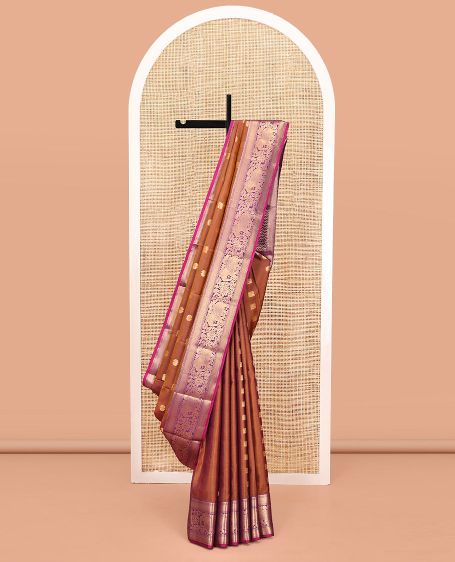 Brown Vasundhara Lite Silk Mix Saree, Subtly Sparkled With Zari Buttas All Over Its Body, Complemented by Mayil Kann And Yaanai Designs, Grand Jaal Pallu and Paired with a Contrast Blouse