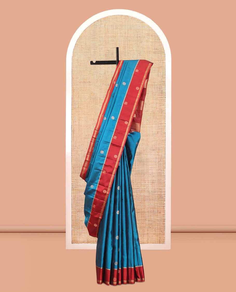 Blue Mayil Buttas Vasundhara Lite Silkmix Saree, a Contrast Mayil Border, Pallu of Vanki-Chakra, Contrast Blouse