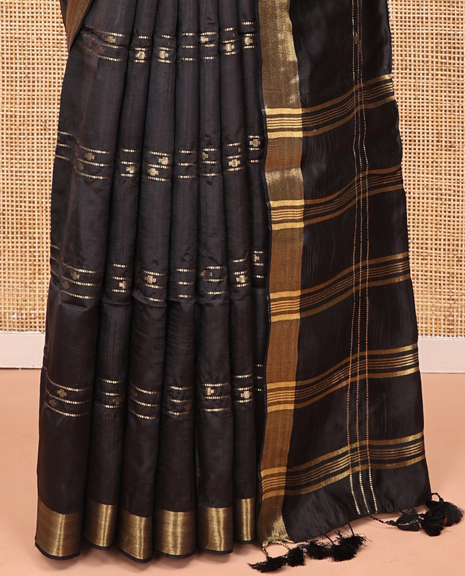 Black Banana Pith Saree, Enthralled with Buttas and Stripes on Its Body, Subtly Zari Border, Pallu Steeped with Zari Stripes, and Paired with a Matching Blouse