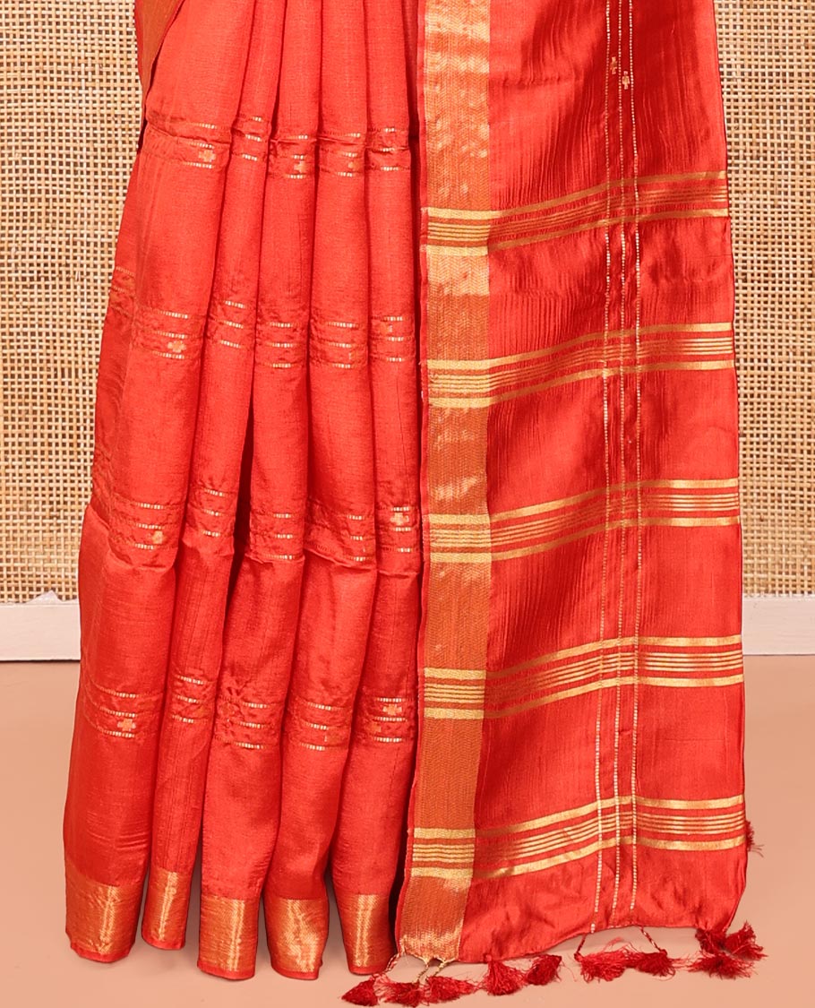 Orange Banana Pith Saree, Decked Up with Buttas and Stripes All Over Its Body, Highlighted by Self-Border, Pallu of Zari Stripes, and Paired with a Matching Blouse