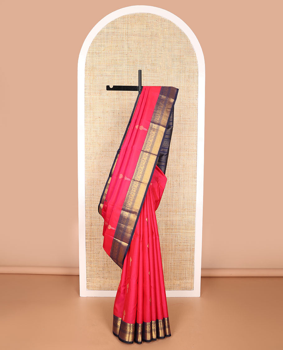 Red floral buttas ilk saree with contrast border of rekku, banaras, mayil kann design & floral design pallu