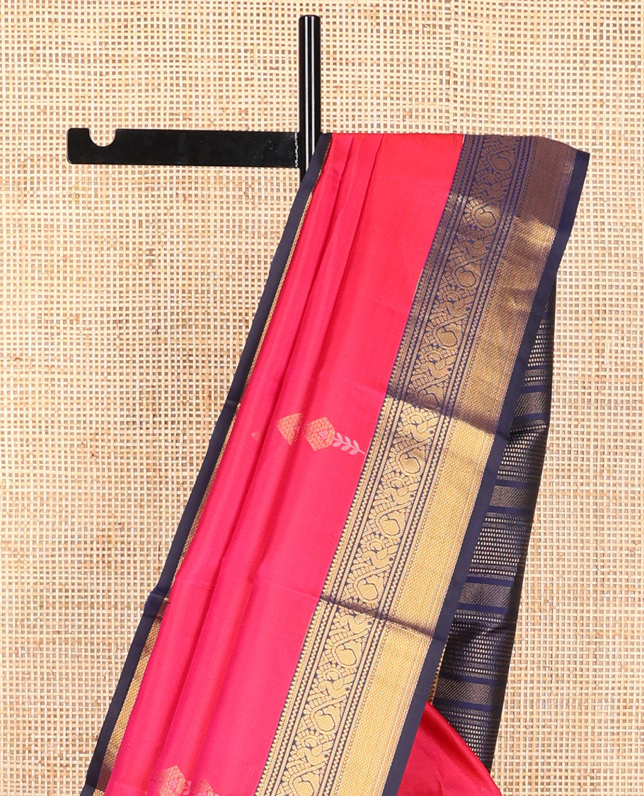 Red floral buttas ilk saree with contrast border of rekku, banaras, mayil kann design & floral design pallu