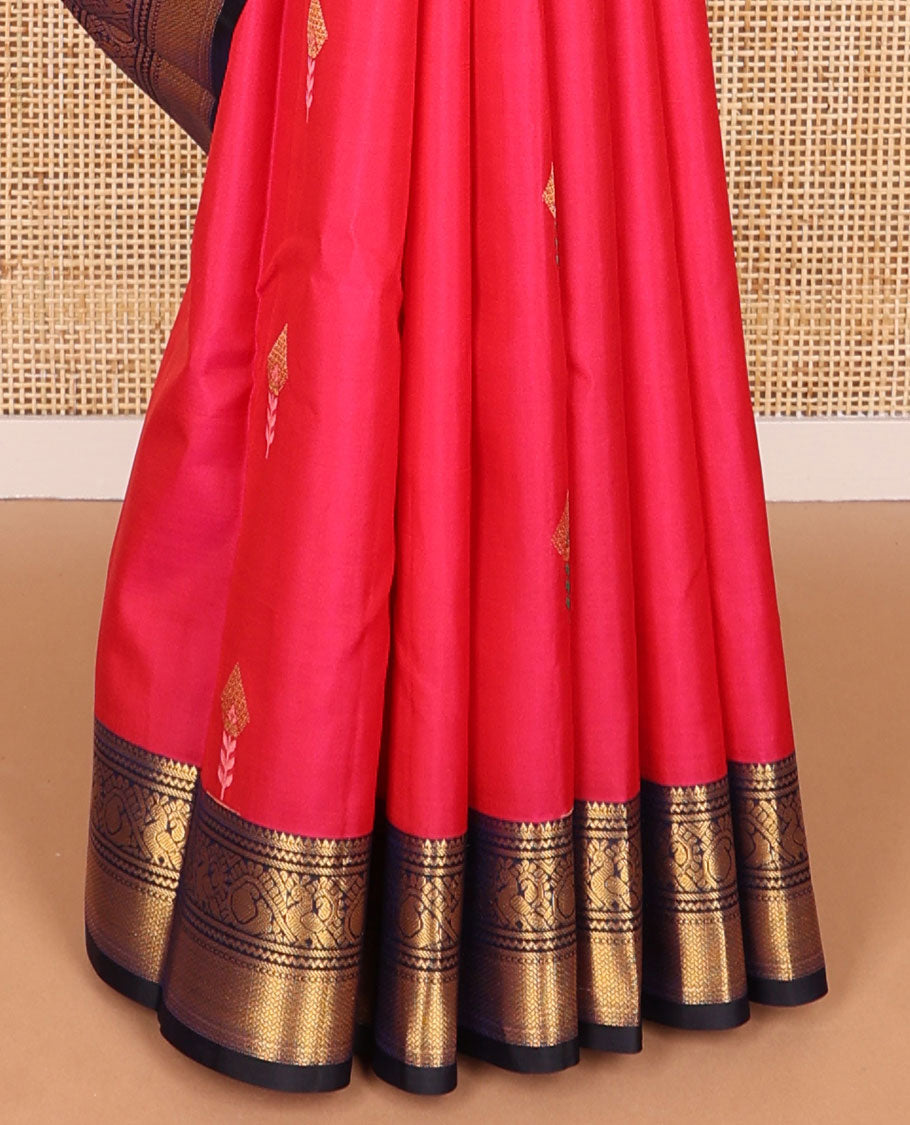 Red floral buttas ilk saree with contrast border of rekku, banaras, mayil kann design & floral design pallu