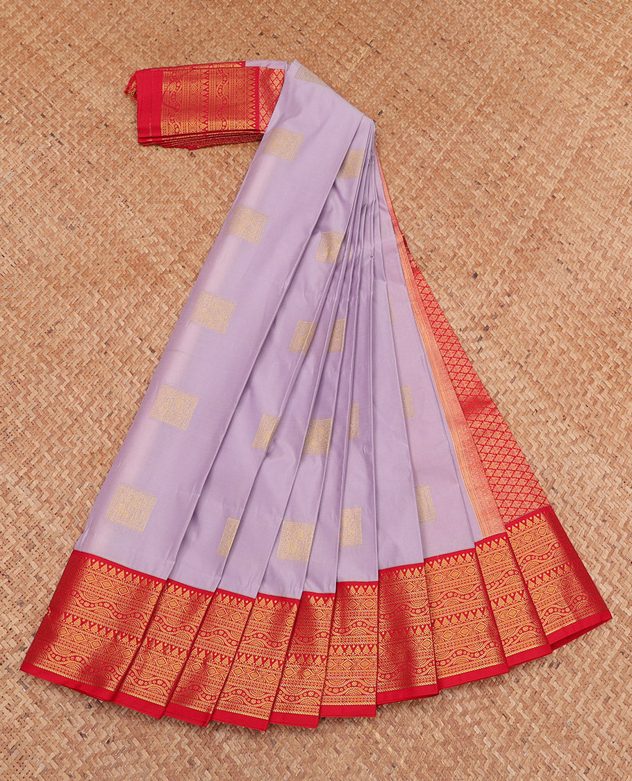Lavender Budget Silk Saree, Sparsely Threaded with Zari Buttas, Complemented by a Contrast Traditional Zari Border, Jaal Pallu, and a Contrast Blouse