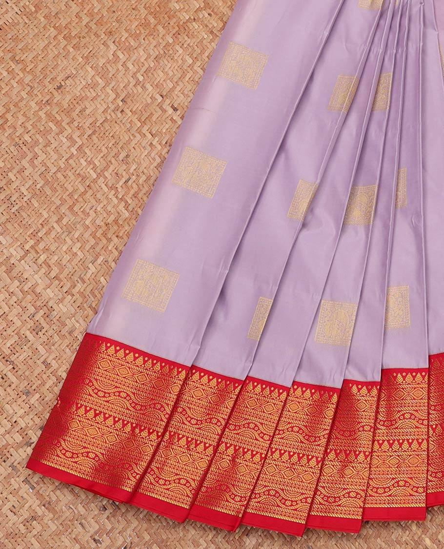Lavender Budget Silk Saree, Sparsely Threaded with Zari Buttas, Complemented by a Contrast Traditional Zari Border, Jaal Pallu, and a Contrast Blouse