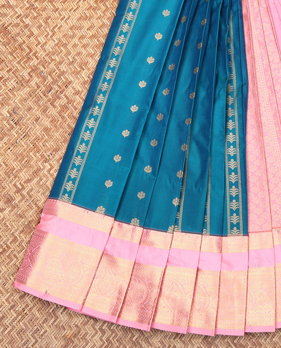 Blue Budget Silk Saree, Elevated with Zari Buttas on Its Body, Complemented by a Contrast Traditional Zari Design Rettai Pettu Border, Subtle Zari Woven Pallu, and Paired with a Contrast Blouse