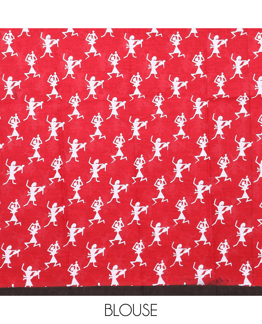 White warli village-theme printed mul mul cotton saree, contrast warli printed red border & pallu of warli motifs print