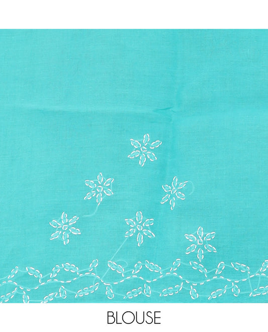 Blue flower butta thread embroidered Lucknowi chikankari saree, leaf creeper border, & floral embroidered pallu