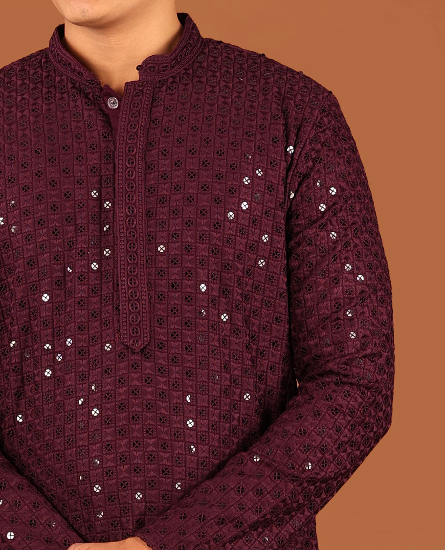 Wine Sequins and Thread Chikankari-Style Embroidered Full-Sleeved Men's Kurta and Contrast Pants
