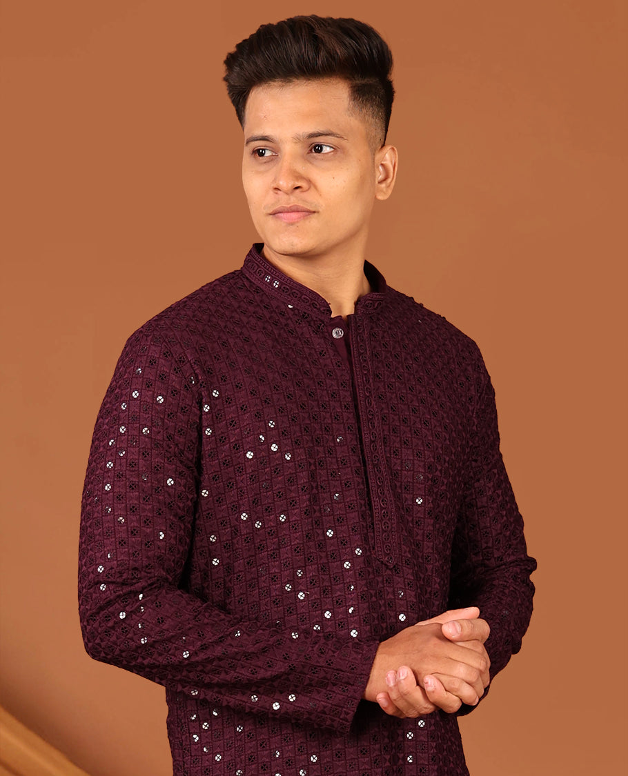Wine Sequins and Thread Chikankari-Style Embroidered Full-Sleeved Men's Kurta and Contrast Pants