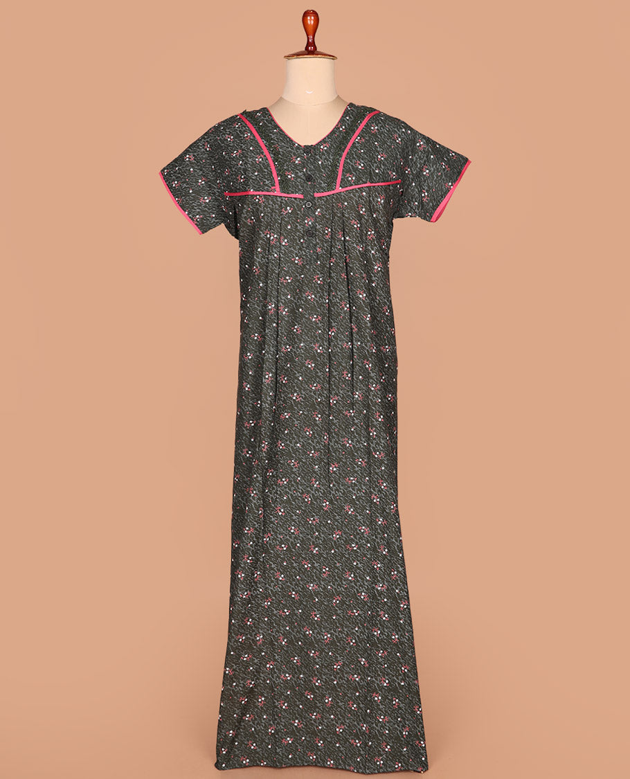 Green floral vine printed lace work round necked half-sleeve cotton nighty