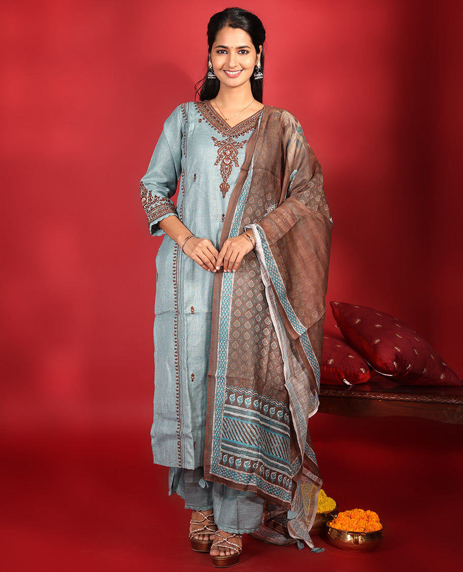 Blue-Grey Cotton Readymade Suit