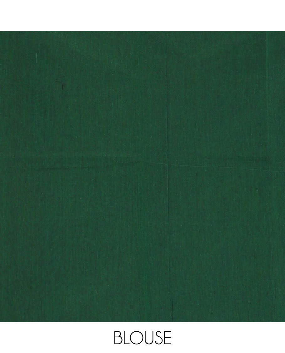Borderless tree green Horse buttas woven Coimbatore cotton saree, self-pallu of geometric patterns