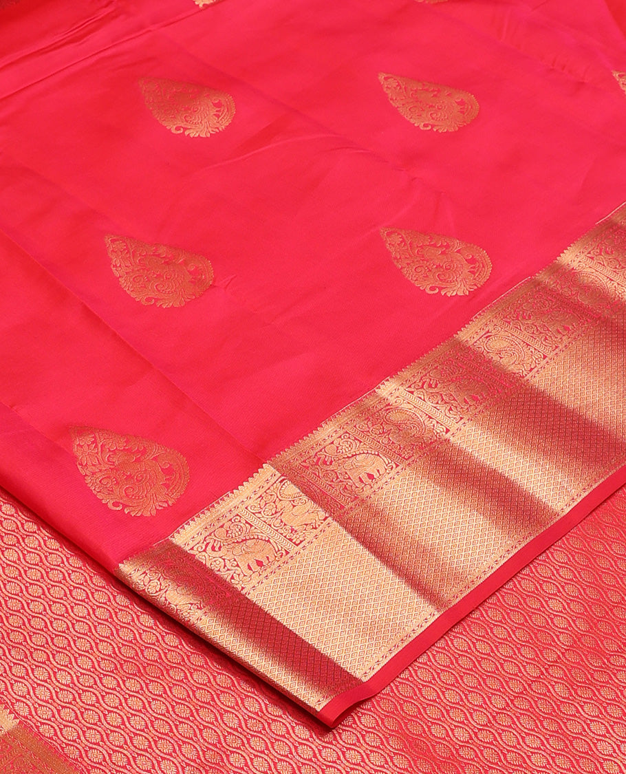 Red zari buttas Vasundhara silk mix, zari border of rekku, yaanai, mayil, and jaal, and ogee patterned pallu