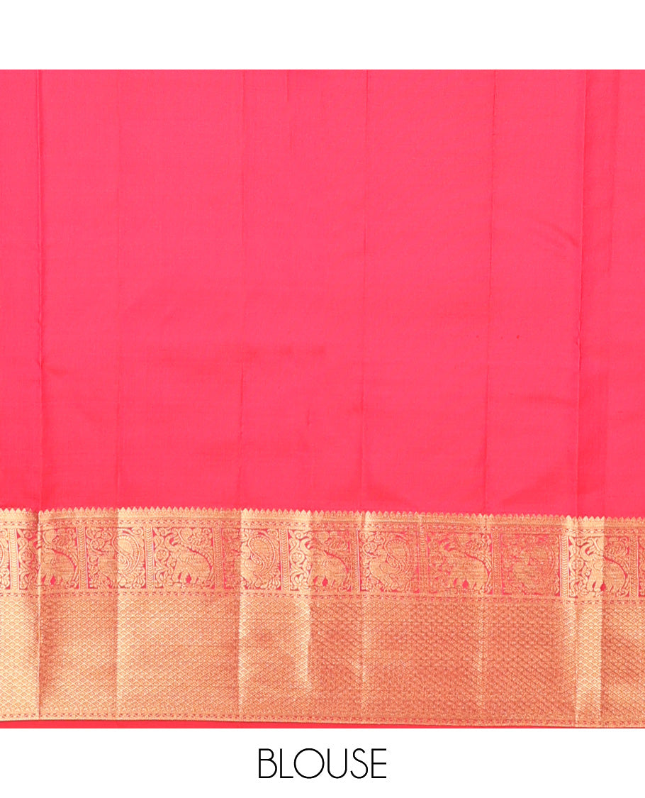 Red zari buttas Vasundhara silk mix, zari border of rekku, yaanai, mayil, and jaal, and ogee patterned pallu