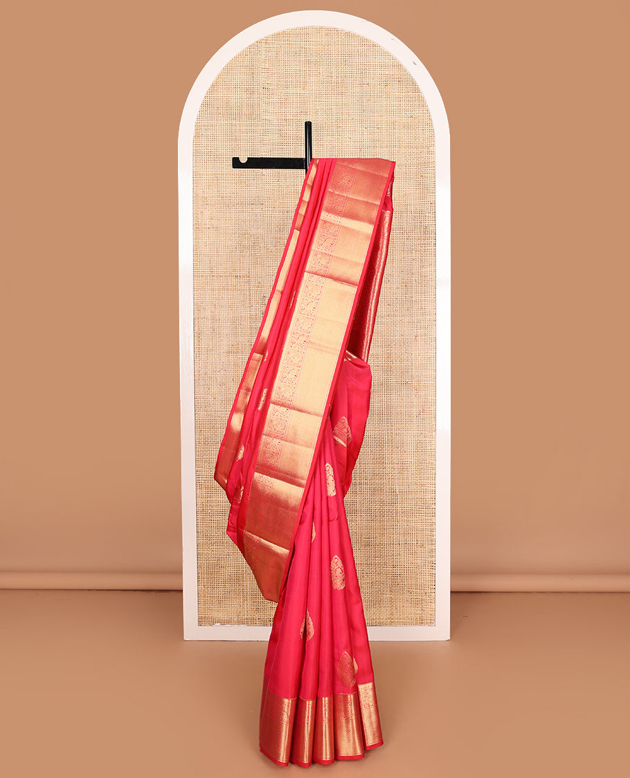 Red zari buttas Vasundhara silk mix, zari border of rekku, yaanai, mayil, and jaal, and ogee patterned pallu