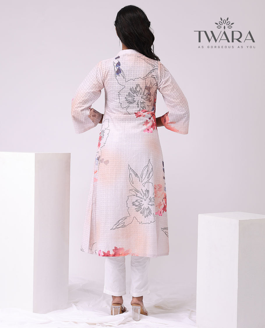 Twara light orange floral enclosed with checked embroidered over coat , 3/4 th sleeve , knee lenght kurti