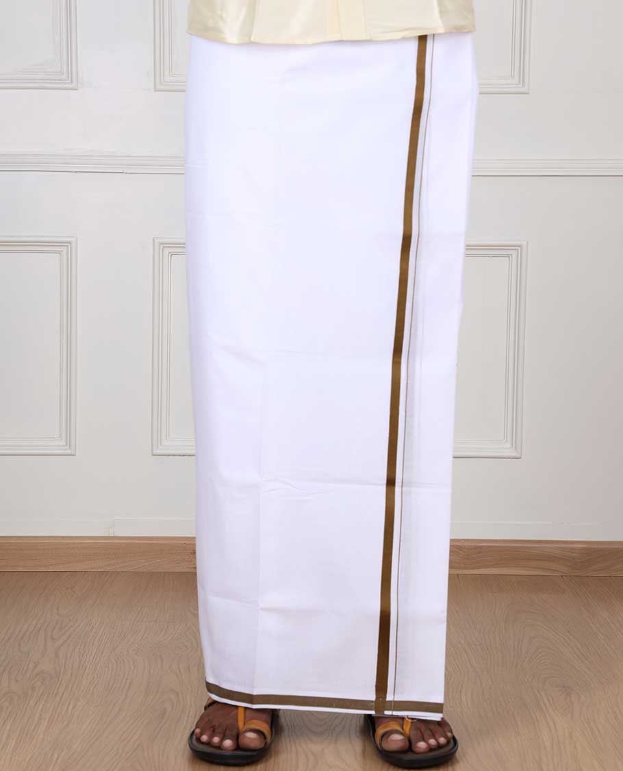 Minister White 4-yard cotton White dhoti with contrast lite brown border