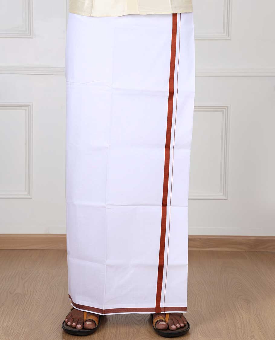 Minister White 4-yard cotton White dhoti with contrast burgundy border