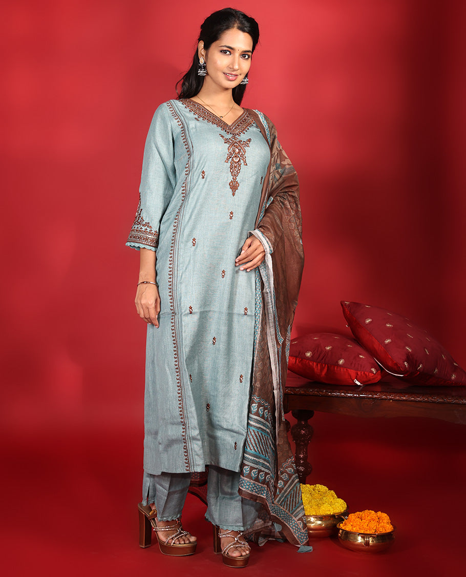 Blue-Grey Cotton Readymade Suit