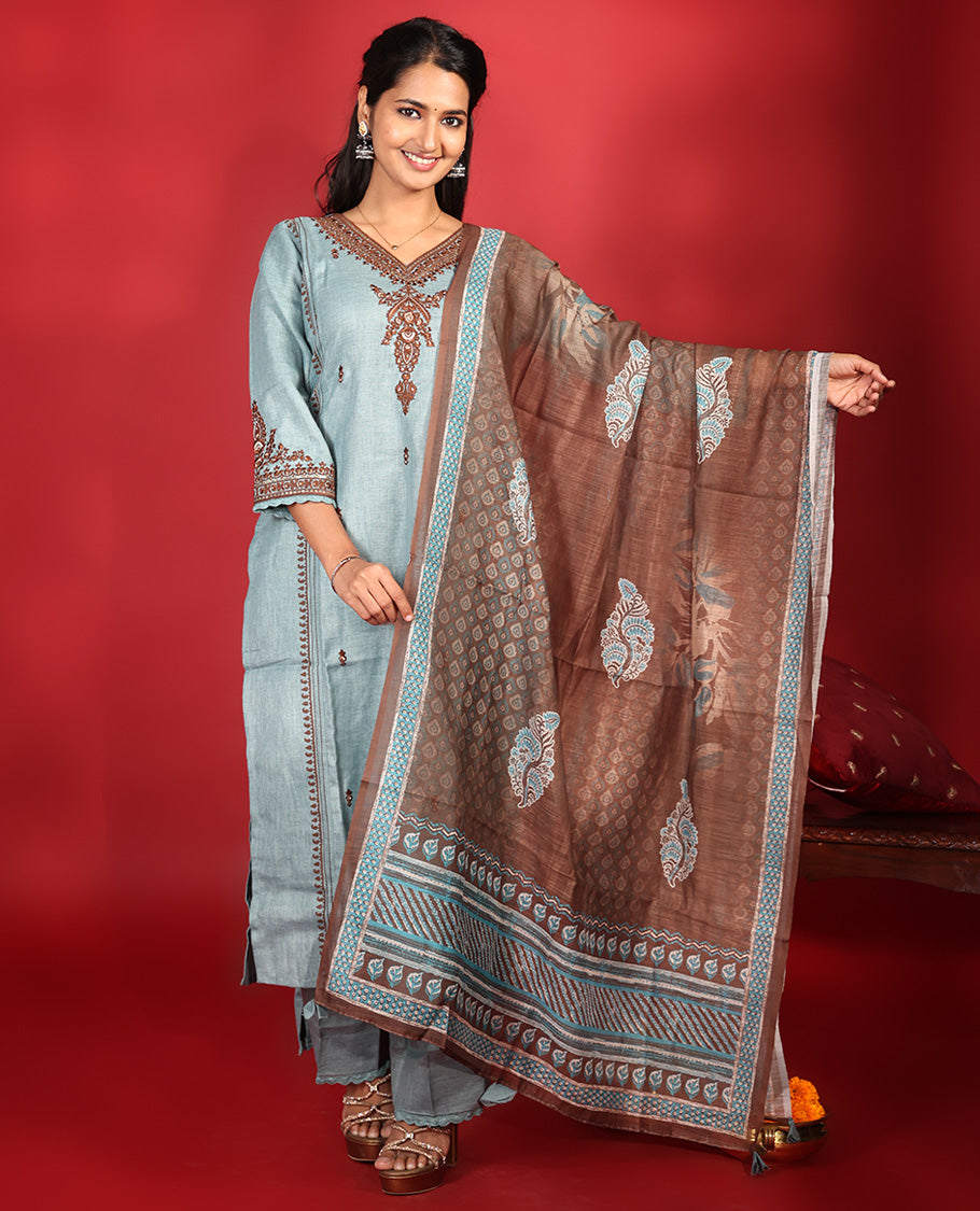 Blue-Grey Cotton Readymade Suit