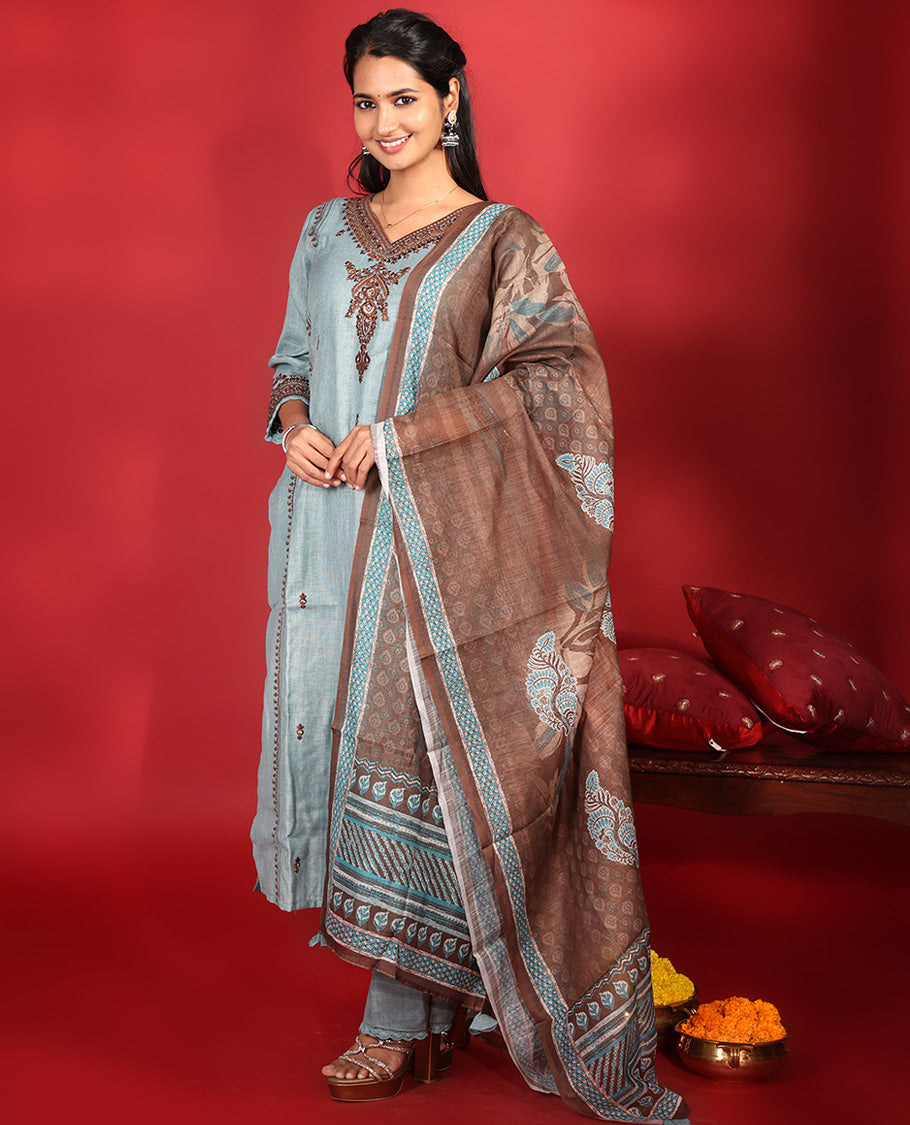 Blue-Grey Cotton Readymade Suit