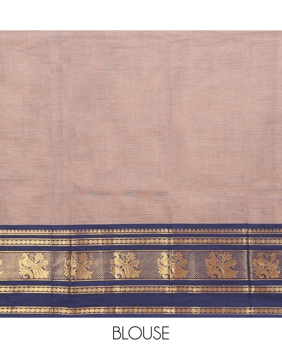 Grey Chettinad Cotton Saree, Sparsely Sparkled with Thread Buttas on Its Body, Complemented by a Contrast Varisai Pettu Traditional Border of Peacocks, Subtly Striped Pallu, and Paired with a Matching Blouse