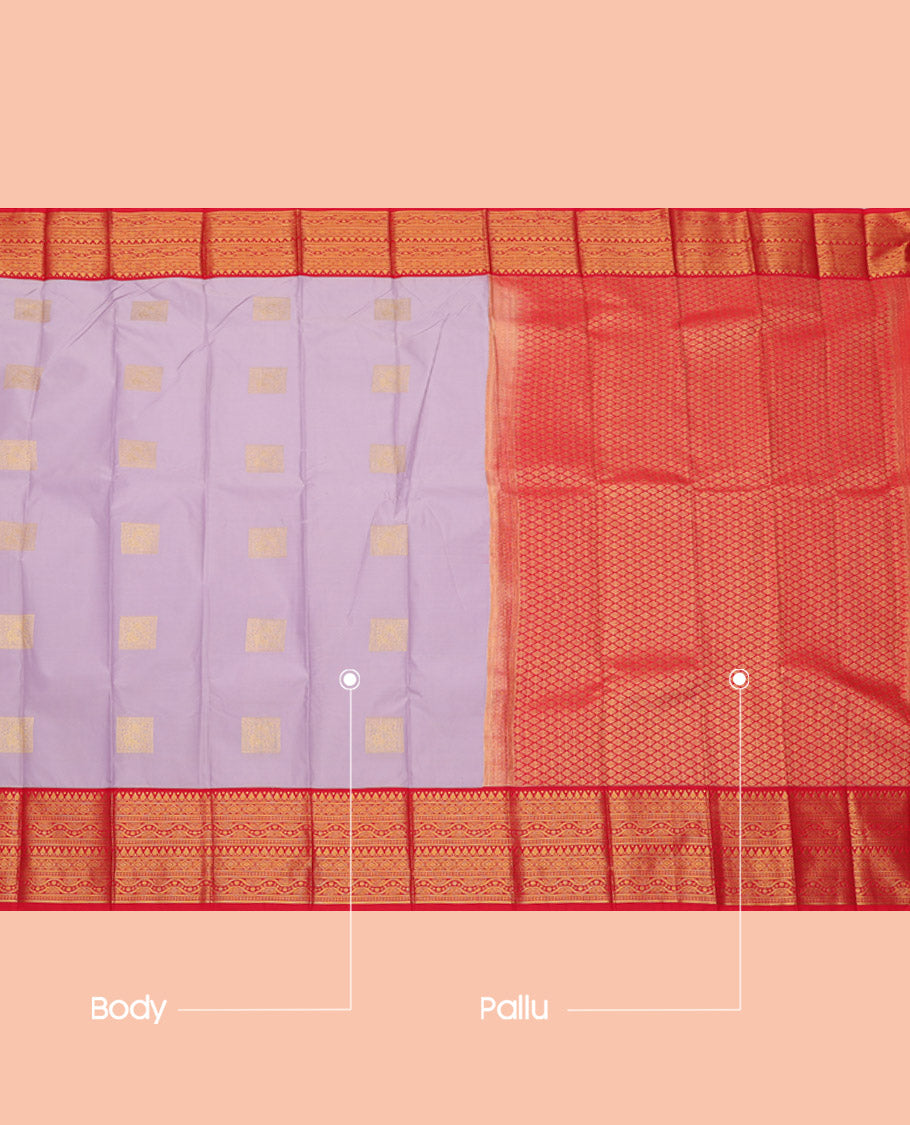 Lavender Budget Silk Saree, Sparsely Threaded with Zari Buttas, Complemented by a Contrast Traditional Zari Border, Jaal Pallu, and a Contrast Blouse