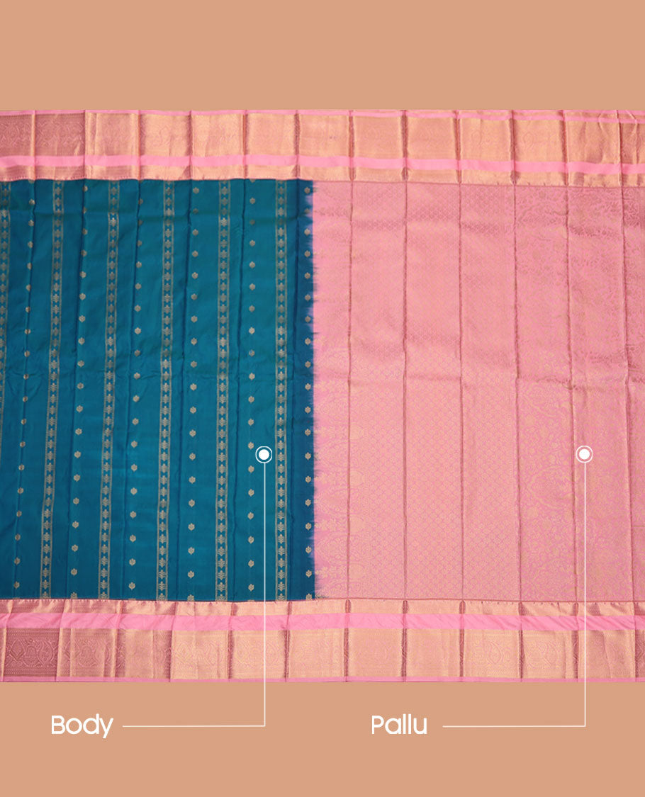Blue Budget Silk Saree, Elevated with Zari Buttas on Its Body, Complemented by a Contrast Traditional Zari Design Rettai Pettu Border, Subtle Zari Woven Pallu, and Paired with a Contrast Blouse
