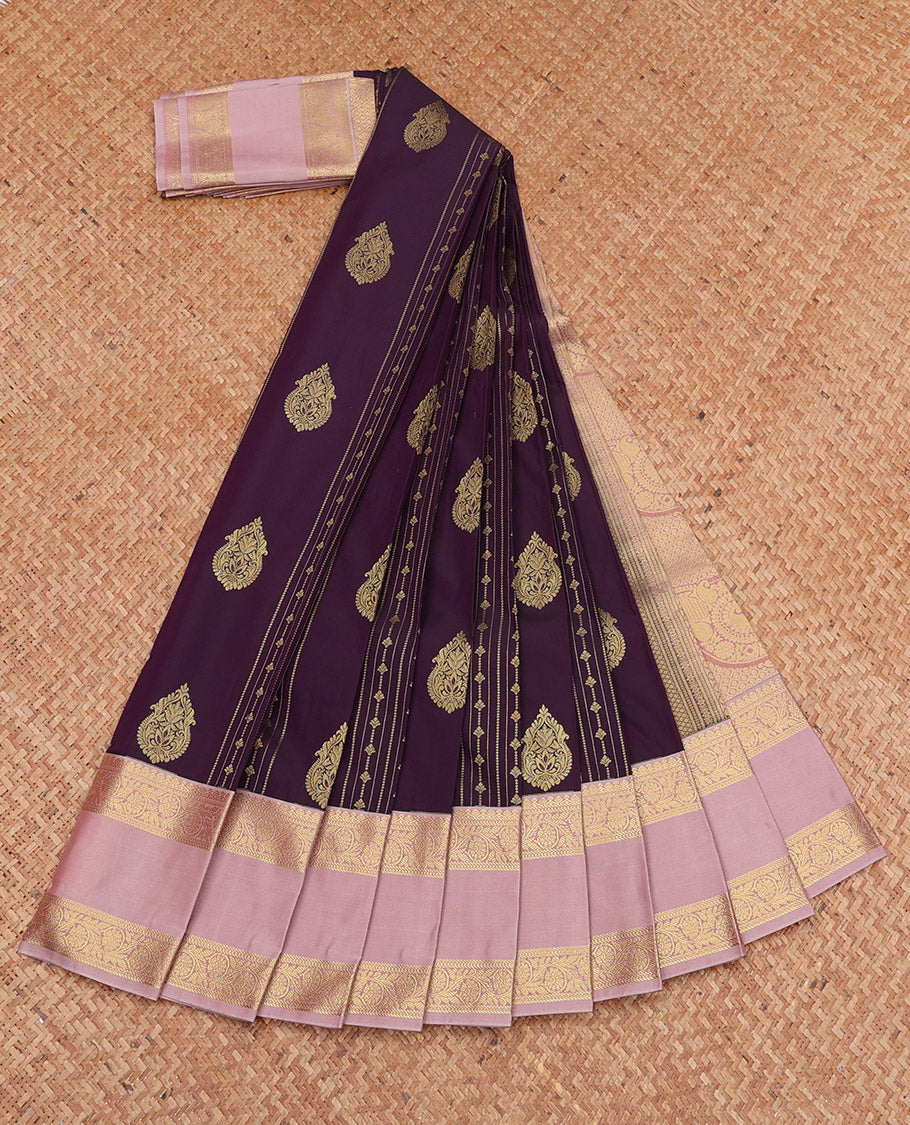 Purple Budget Silk Saree, Beautified with Zari Designs, Complemented by a Contrast Traditional Zari Rettai Pettu Border, Grand Pallu, and a Contrast Blouse