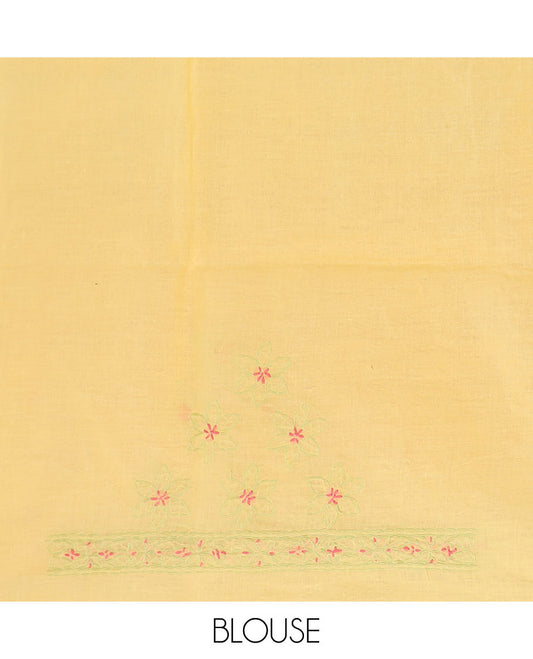 Yellow flowers thread embroidered Lucknowi chikankari saree, self-border, & paisley embroidered pallu