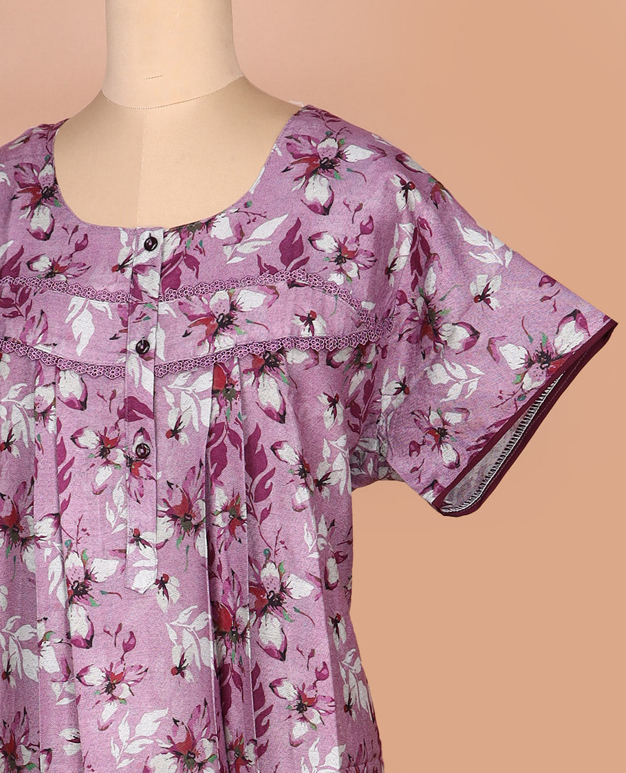 Purple floral printed lace work round necked half-sleeve cotton nighty