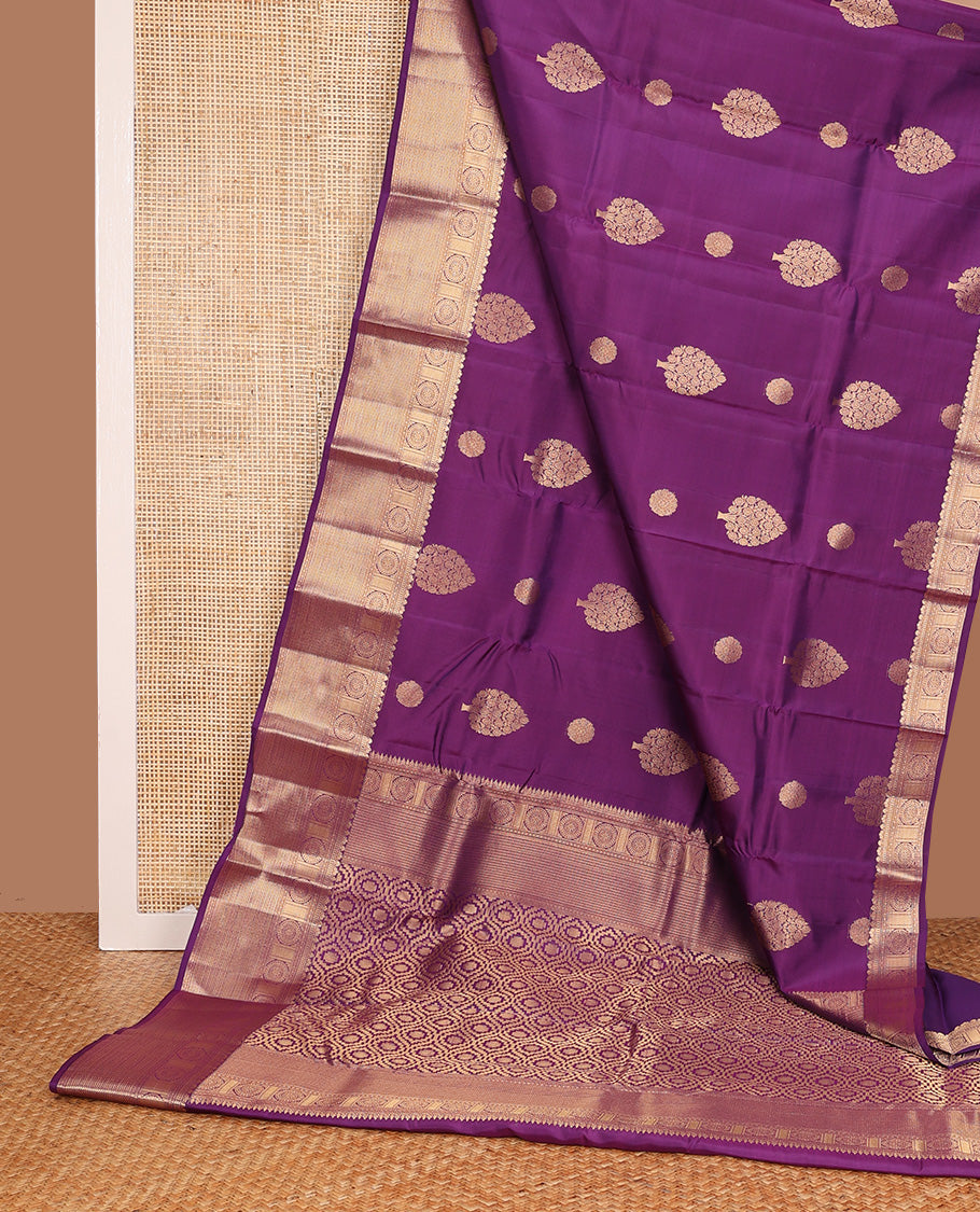 Purple zari buttas Vasundhara silk mix, zari border of chakram and vanki designs, and geometric patterned pallu