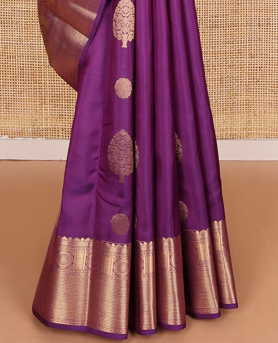 Purple zari buttas Vasundhara silk mix, zari border of chakram and vanki designs, and geometric patterned pallu