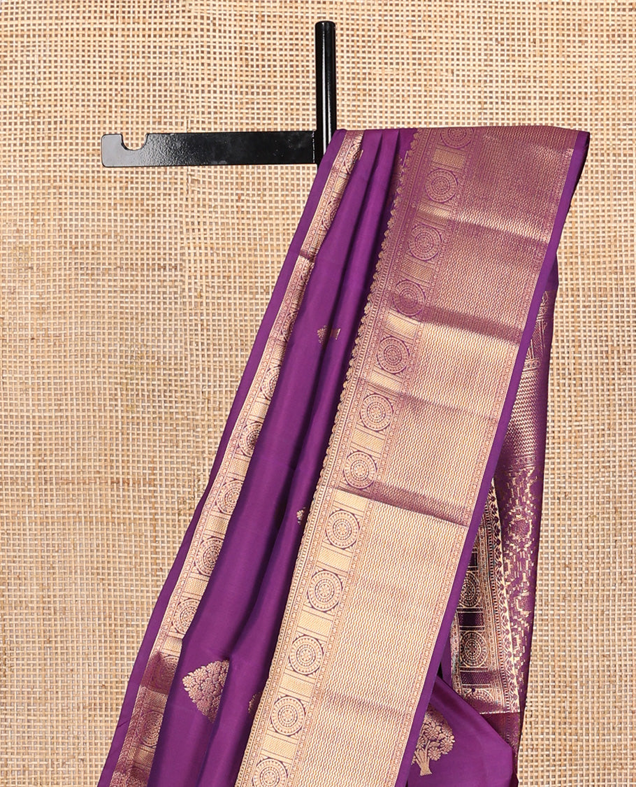 Purple zari buttas Vasundhara silk mix, zari border of chakram and vanki designs, and geometric patterned pallu