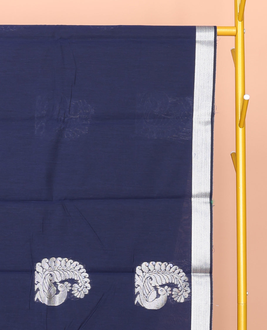 Navy Blue Semi-Silk Cotton Saree, Decked Up with Peacock Buttas All Over Its Body, Highlighted by a Zari Border, Pallu Artfully Woven with Peacock Designs, and Paired with a Matching Blouse