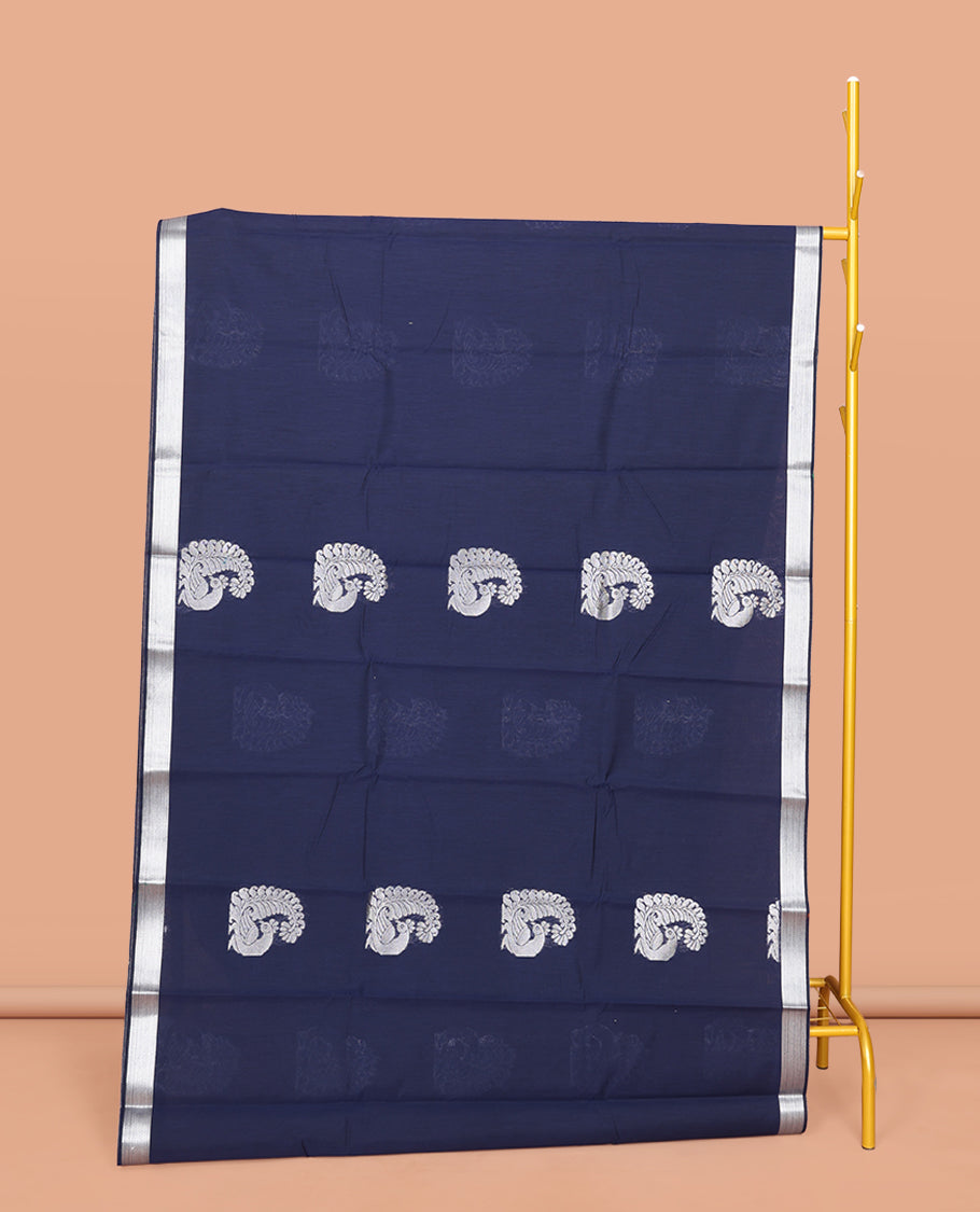 Navy Blue Semi-Silk Cotton Saree, Decked Up with Peacock Buttas All Over Its Body, Highlighted by a Zari Border, Pallu Artfully Woven with Peacock Designs, and Paired with a Matching Blouse