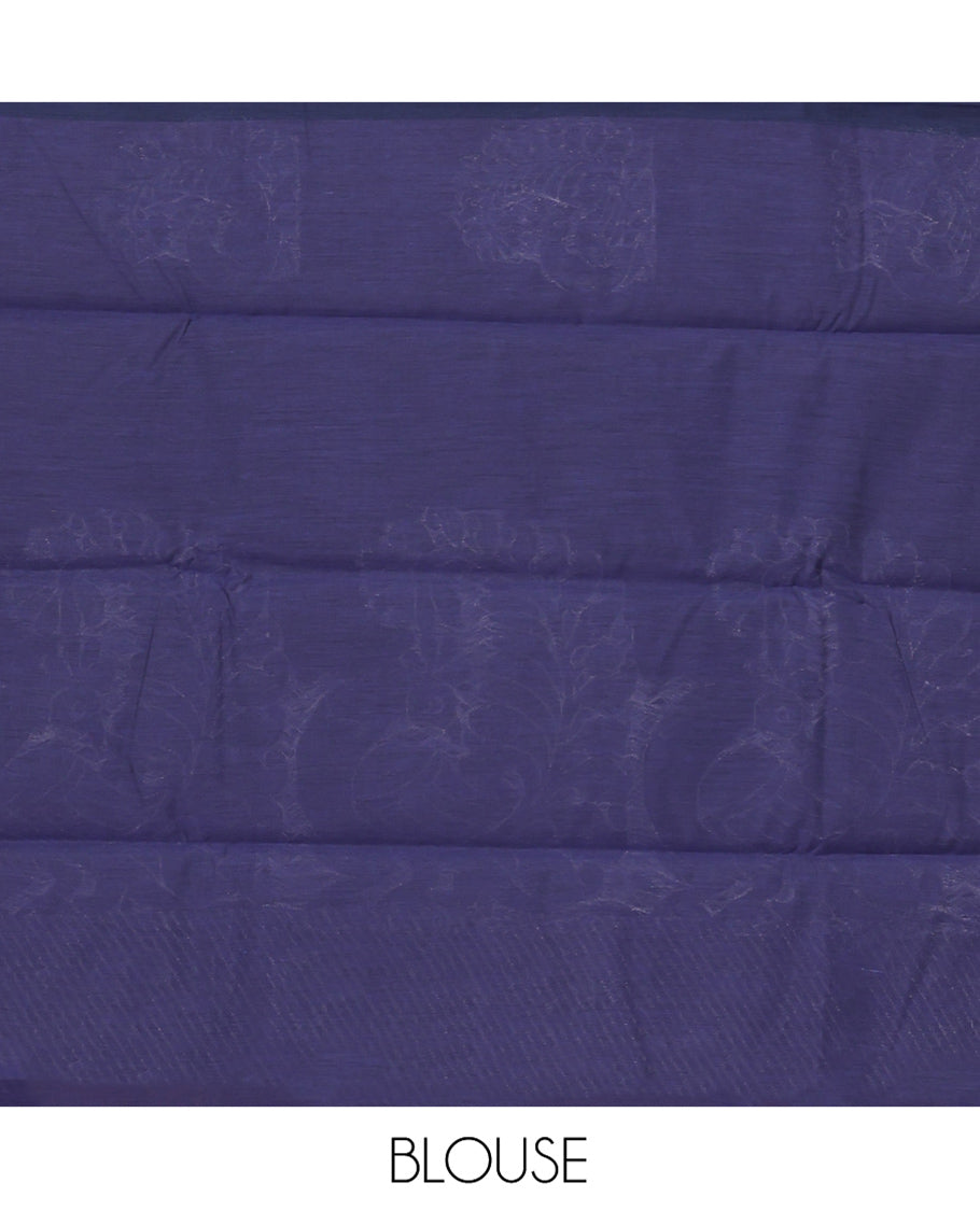 Navy Blue Semi-Silk Cotton Saree, Decked Up with Peacock Buttas All Over Its Body, Highlighted by a Zari Border, Pallu Artfully Woven with Peacock Designs, and Paired with a Matching Blouse