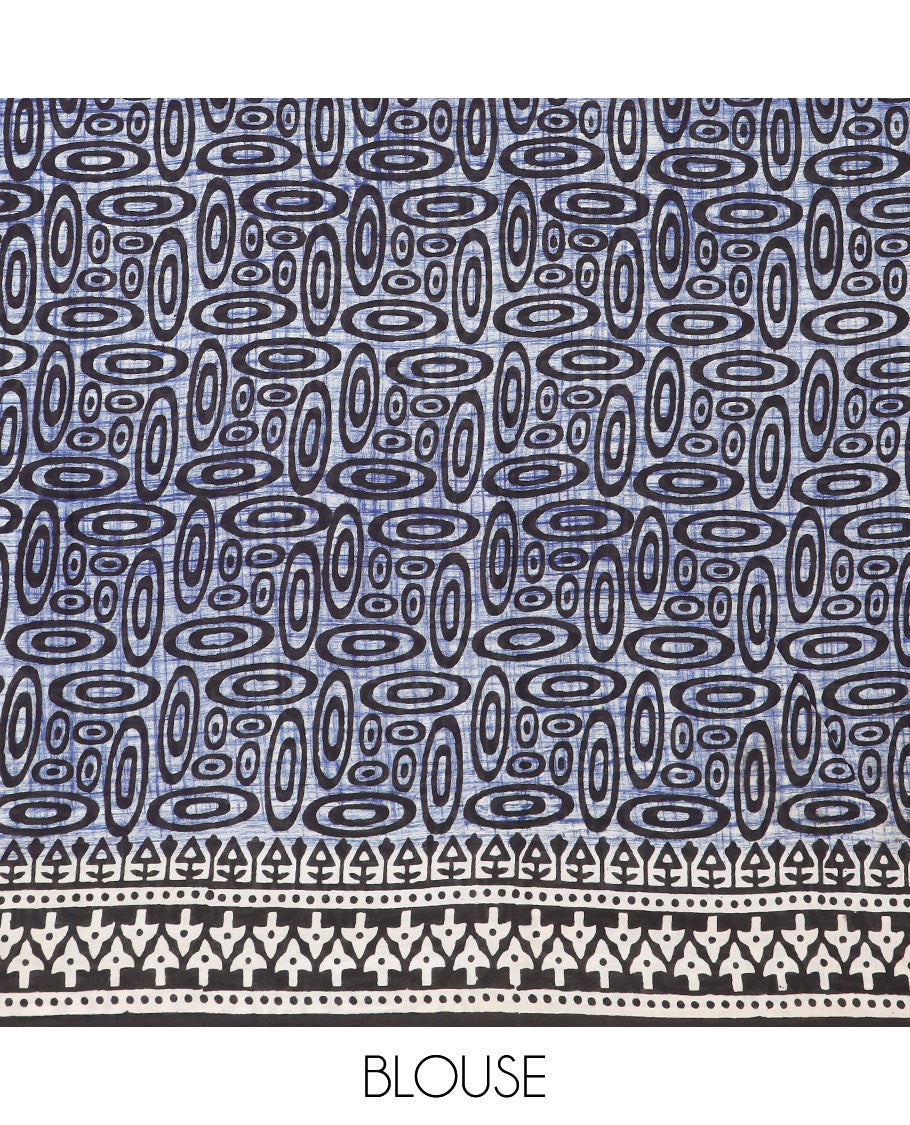 Blue warli village printed mul mul cotton saree, contrast geometric block printed border & pallu of floral-geometric block print