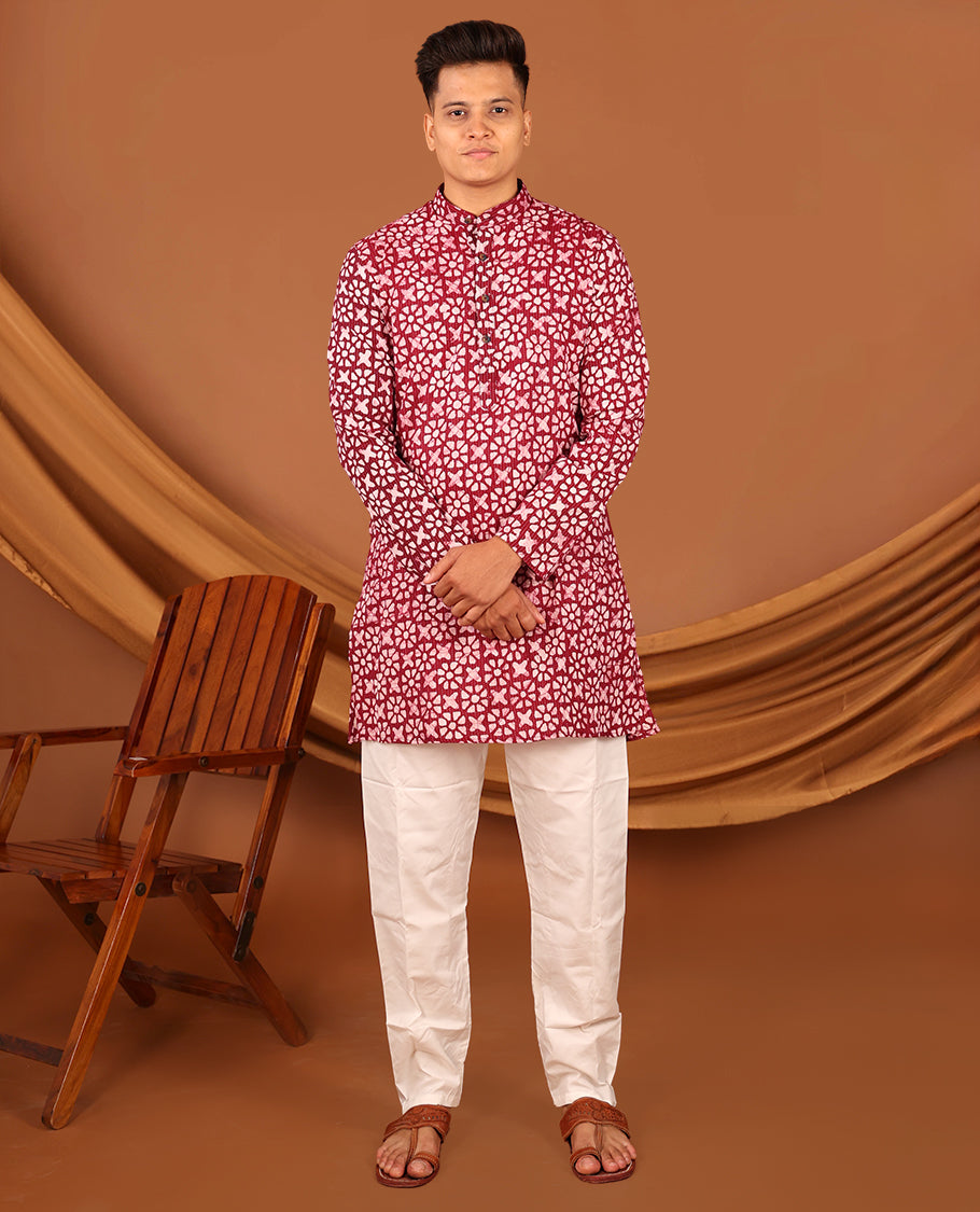 Red Batik-Style Printed Full-Sleeved Men's Kurta