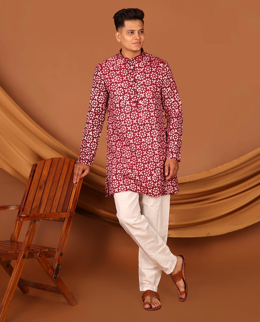 Red Batik-Style Printed Full-Sleeved Men's Kurta