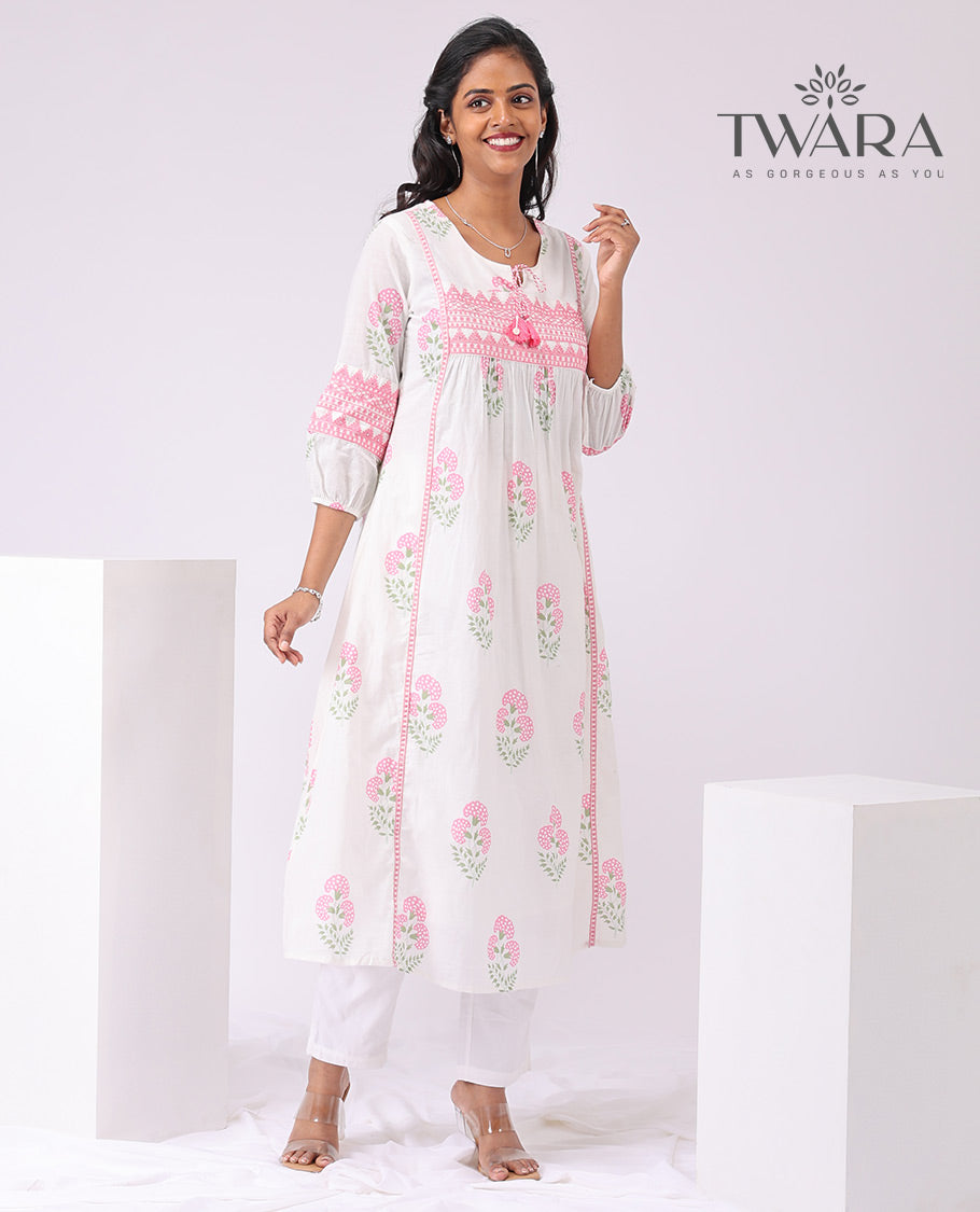Twara white floral printed 3/4 th sleeve , knee lenght kurti