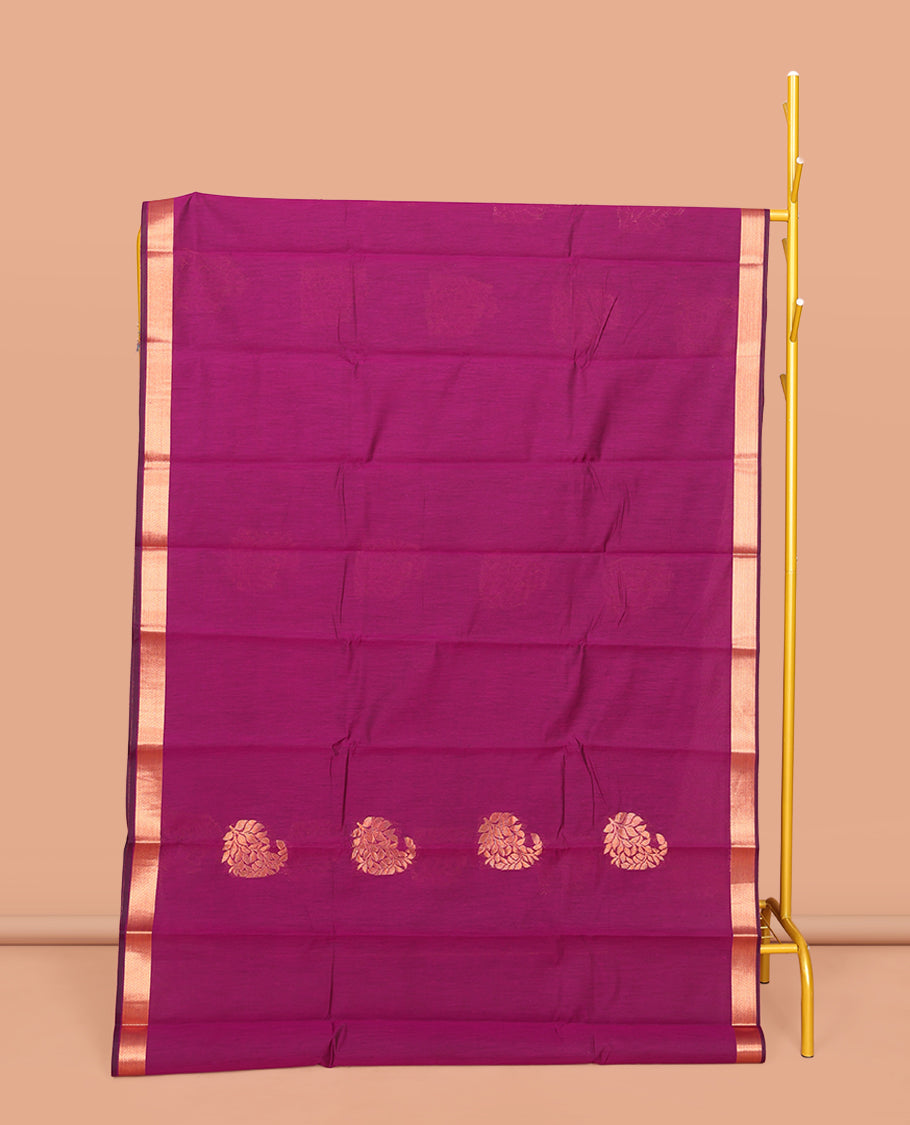Purple Semi-Silk Cotton Saree, Decorated with Paisley Buttas All Over Its Body, Highlighted by a Zari Border, Pallu with Intricate Designs, and Paired with a Matching Blouse