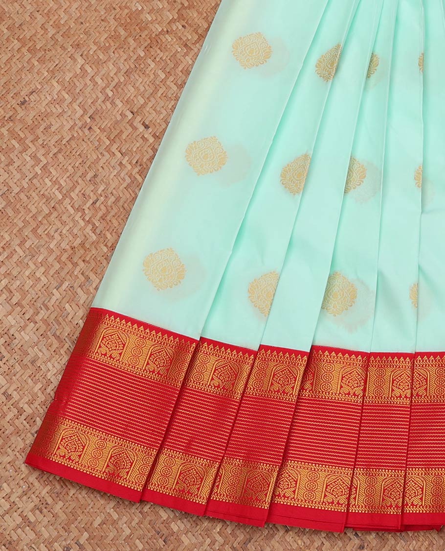 Light Turquoise Budget Silk Saree, Charmingly Accented with Zari Buttas, Complemented by a Contrast Traditional Zari Border, Grand Pallu, and a Contrast Blouse